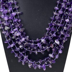 Knotted Handcrafted Amethyst Multi Strand Gemstone Necklace Purple Silk Cord 19"